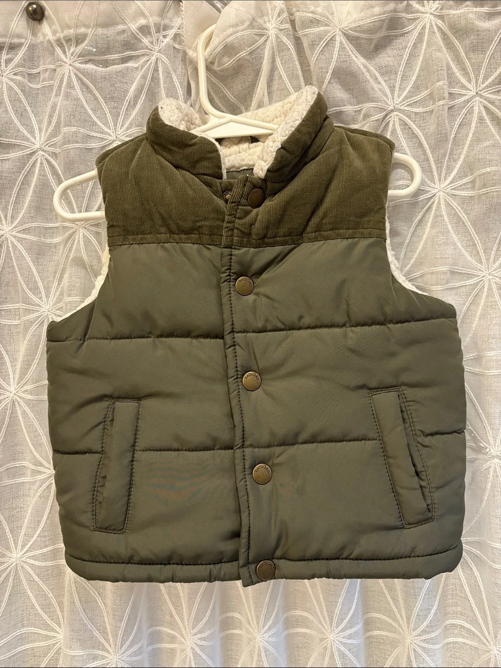 GAP Kids Olive Green Quilted Vest with Sherpa Collar